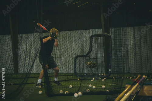 Konstfotografi Baseball Player Practicing Swing in Cage with Scattered Baseballs