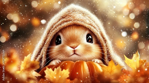   A hooded rabbit peers out from a stack of pumpkins surrounded by fallen leaves photo