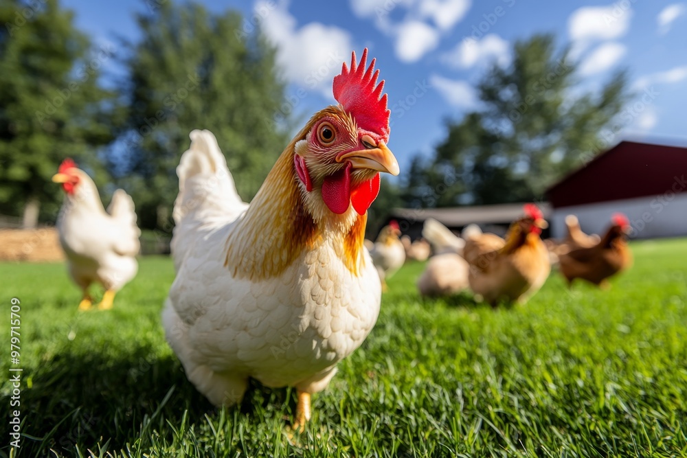 Fototapeta premium Farm animals such as chickens and ducks roaming freely around the farmyard