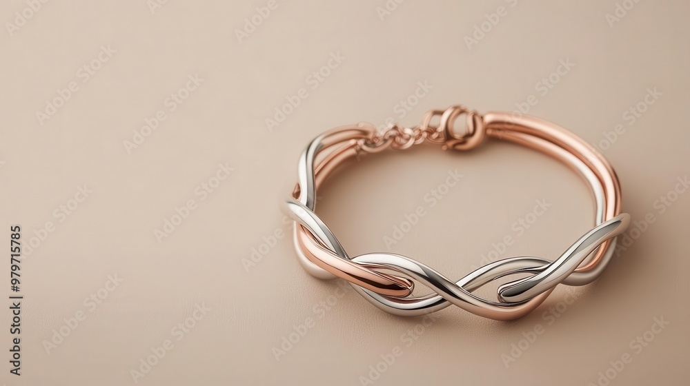 Two-tone minimalist bracelet with silver and rose gold bands intertwined, shown on neutral background