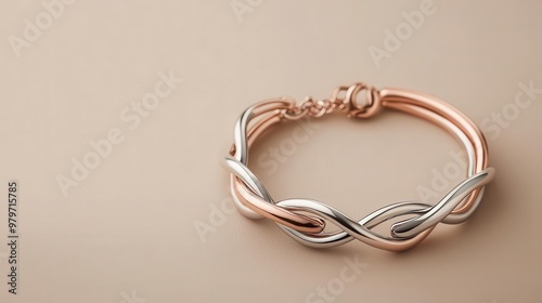 Two-tone minimalist bracelet with silver and rose gold bands intertwined, shown on neutral background