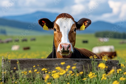 Farm animals such as cows and horses resting peacefully in a meadow at sunset