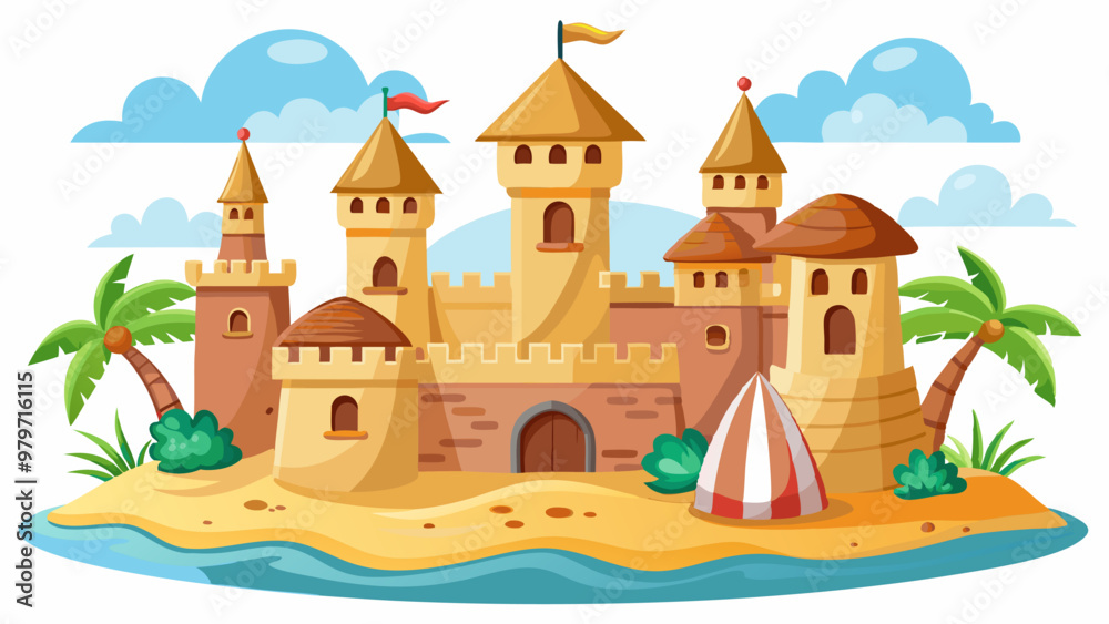 Sand castles set isolated on white background. Vector cartoon illustration of medieval fortress sculptures with towers and walls, summer beach design elements, childhood fun, resort vacation leisure Sand castles set isolated on white background. Vector cartoon illustration of medieval fortress sculptures with towers and walls, summer beach design elements, childhood fun, resort vacation leisure