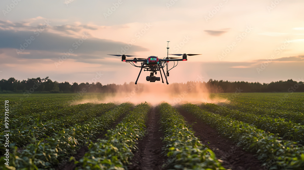 Drone flying and spraying fertilizer on the agriculture fields Drone. Illustration Drone flying and spraying fertilizer on the agriculture fields Drone. Illustration