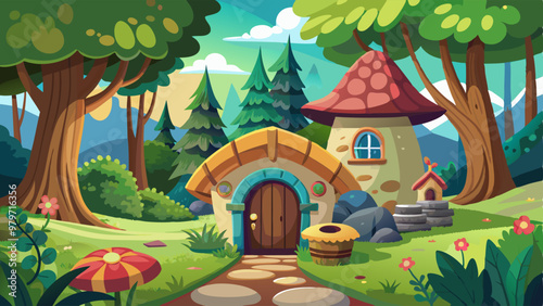 Fantasy fairy tale village and house in summer forest. Cute gnome mushroom cottage. Hobbit hut building in woodland country scene for kids magic story. Old medieval small dwarf home with window