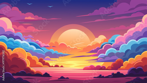 Sunset anime cloud vector cartoon scene background. Summer cloudy weather air design. Beautiful pink, orange and purple evening panorama wallpaper. Fluffy romantic horizon graphic illustration