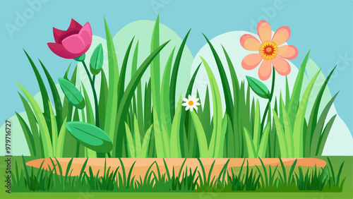 Spring grass border. Isolated plant and flower. Green field lawn for garden or forest meadow at springtime. Cute nature bush flora drawing horizontal fence. Foliage hedge decoration for environment