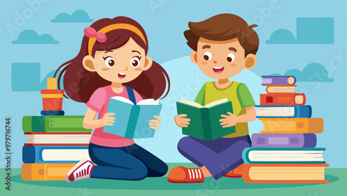Kids reading books at library or home. Cartoon vector illustration set of cute child girl with textbook and boy sitting near big stack of literature. Childish education or read hobby concept.