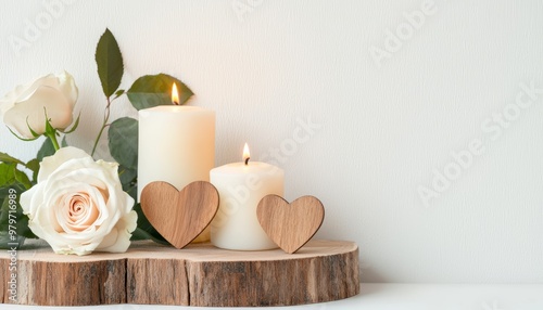 A romantic wooden shelf decorated with soft candlelight, wooden heart ornaments, and fresh roses, creating a cozy and intimate atmosphere.