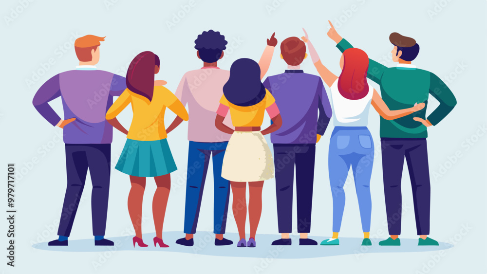 Back view of standing diverse people. Men and women characters in casual style clothes from behind. Adult persons in different poses, couple hug, girl pointing hand up, vector flat illustration Back view of standing diverse people. Men and women characters in casual style clothes from behind. Adult persons in different poses, couple hug, girl pointing hand up, vector flat illustration