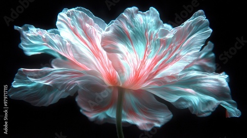  a pink and blue flower on a dark background, with sharp focus on the petals and blurred center