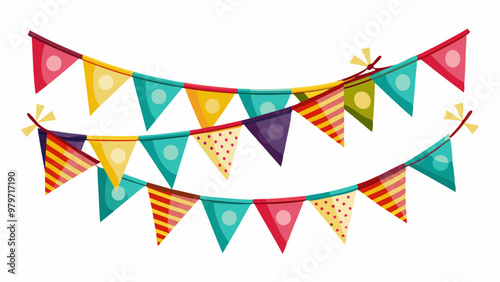 Party garland with triangle flags isolated on white background. Vector realistic illustration of birthday, anniversary, carnival decoration banner with dotted and striped color pennants on string