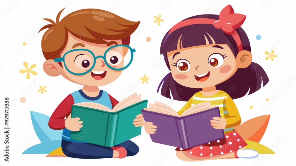 Cute kids reading books set isolated on white background. Vector cartoon illustration of smart boy in eyeglasses hugging textbook, nice girl enjoying fairy tale, school education, library leisure Cute kids reading books set isolated on white background. Vector cartoon illustration of smart boy in eyeglasses hugging textbook, nice girl enjoying fairy tale, school education, library leisure