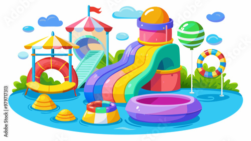Cartoon set of water park equipment isolated on white background. Vector illustration of colorful aqua slides, inflatable ring floats and ball. Aquapark, resort design elements, summer amusement