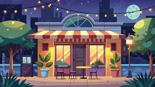 Night city cafe. Outside street bar or restaurant cartoon background. Cafeteria facade illustration with bulb light garland and plant on terrace. Bistro with romantic patio on sidewalk in evening