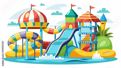 Water park slides set isolated on white background. Vector cartoon illustration of aqua park design elements, amusement equipment for swimming pool, inflatable mattress, water splashing above fountain