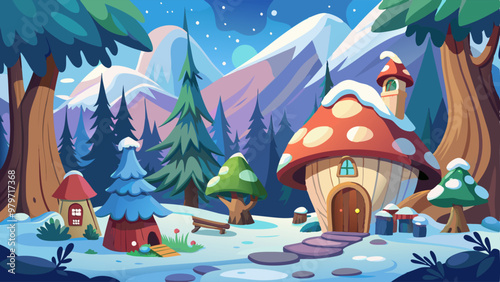 Magic gnome village with snow in winter forest. Cute fairy tale mushroom house for elf panorama background. Little old rural dwarf country exterior in woodland meadow for fairytale story design.