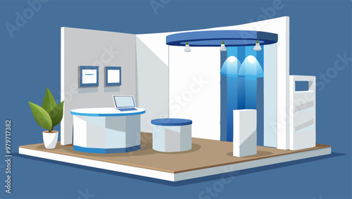 White 3d stand booth wall for trade display design. Exhibition event to show presentation on podium in corner blank mock up template. Isolated showroom interior or store box space for advertising set