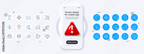 Phone transfer, Cyber attack and Scroll down line icons. Phone mockup with 3d danger icon. Pack of No microphone, Smartphone clean, Chat bubble icon. Vector