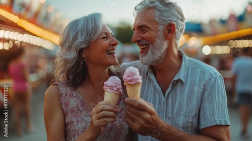Happy Senior Couple Eating Ice Cream at Fair