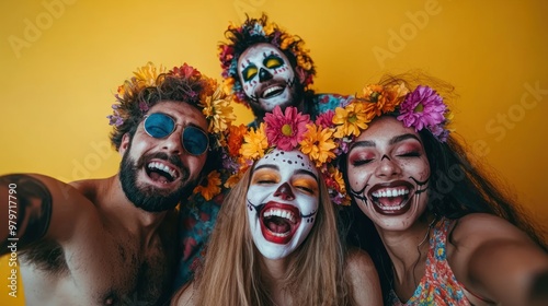 A group of zombie friends of diverse appearances, all wearing unique flower crowns, taking a selfie together with big grins and fun poses on a yellow backdrop.