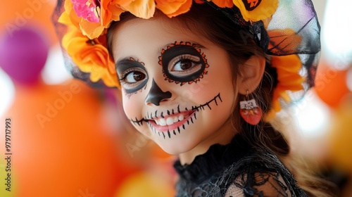 A young girl with a skull painted on her face and a flower headband