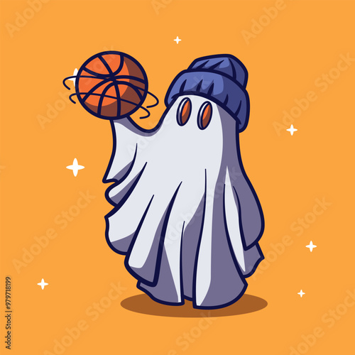 cute vector illustration of ghost characters playing basketball