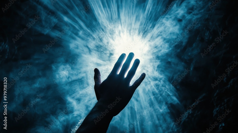 A hand reaching towards a bright light in a spiritual setting. A hand reaching towards a bright light in a spiritual setting.