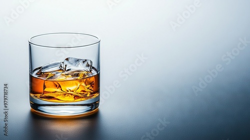  A glass of whiskey on a table with ice cubes next to it and a bottle of liquor centered in the glass