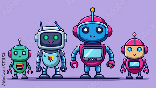 Cute ai robot evolution mascot cartoon vector set. Digital modern computer bot design icon isolated. Artificial intelligence mechanical companion friend for communication and education in internet.