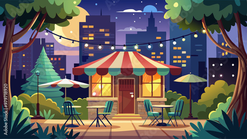 Night street cafe or restaurant in city park scene background. Outdoor patio with table, garland, umbrella and chair in evening for romantic date or celebration. Urban summer terrace with signboard