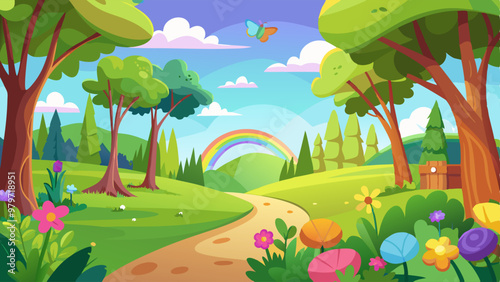 Spring landscape of forest with trees, grass and flowers. Summer park with green plants, butterflies, path, fields and rainbow in sky, vector cartoon illustration