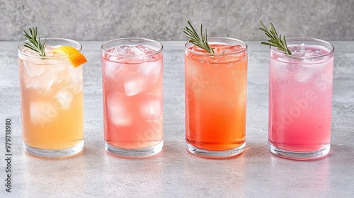  Three drinks next to each other on a countertop with a rosemary sprig in one glass