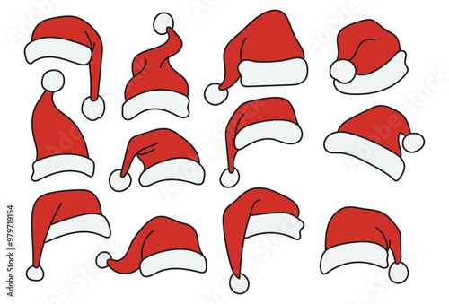Hand drawn santa's hat set, vector, christmas hat