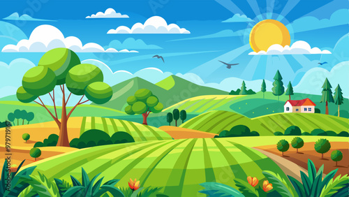 Green summer field on sunny day. Vector cartoon illustration of beautiful countryside nature, rural area, lush grass or agricultural crops growing on farmland, birds flying in blue sky with clouds