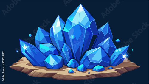 Clusters of blue shining gemstone crystals for game level rank ui design. Cartoon rpg assets of growing pile of bright diamond raw material rocks. Vector illustration of mining treasure and jewel.