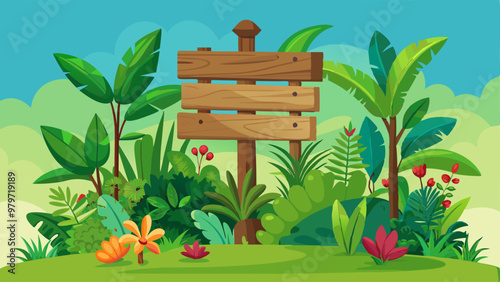 Jungle wooden sign board with plants and flowers. Cartoon vector illustration of signpost or text banner made of wood and surrounded by green grass. Tropical frames and panels for label writing.