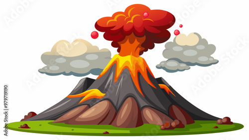 Cartoon volcano lava eruption animation vector illustration. Isolated hot volcanic smoke and ash icon drawing. Natural outdoor seismic island element. Danger vfx game science graphic with magma