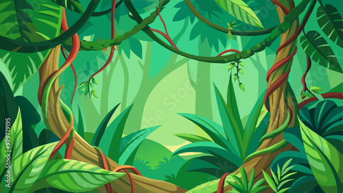 Liana branch frame on green background. Vector cartoon illustration of twisted jungle plant vines with foliage, rainforest tree stems, travel banner or adventure game backdrop design, tropic leaves