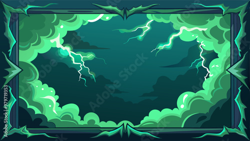 Frame made of green smoke and lightning bolts with overlay effect. Realistic transparent vector border with fog and thunderstorm or energy charges. Bright glowing and luminous sparks in fume.