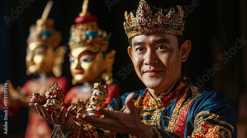 Thai Puppeteer Performing with Traditional Puppets in a Theater Setting photo