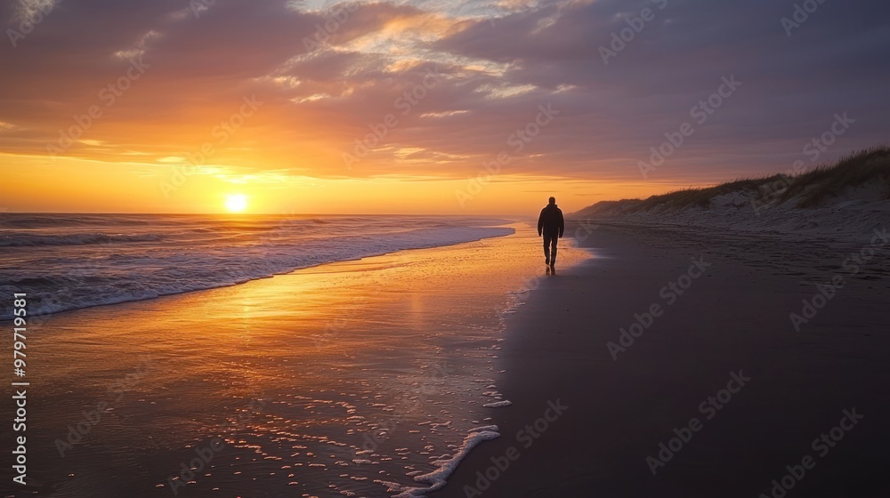 A man walking by himself on a deserted beach at sunset. A man walking by himself on a deserted beach at sunset.