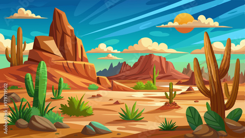 Arizona desert landscape with brown rock, sand dune hills, green cactus and grass, dry tree on bright sun light day. Cartoon vector illustration of drought sandy scenery with wild cacti and grass.