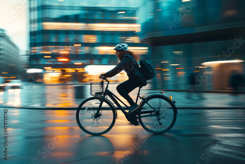 A person riding a bicycle through a city promoting sustainable transport