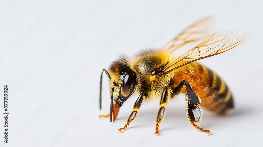 A detailed watercolor honeybee with golden stripes, resting on a pristine white surface A detailed watercolor honeybee with golden stripes, resting on a pristine white surface