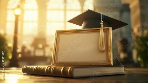 A diploma framed in gold, lying on a book with a graduation cap hung on the side, set against a university backdrop