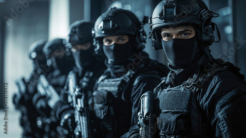 A group of soldiers are standing in a line, all wearing black and black helmets