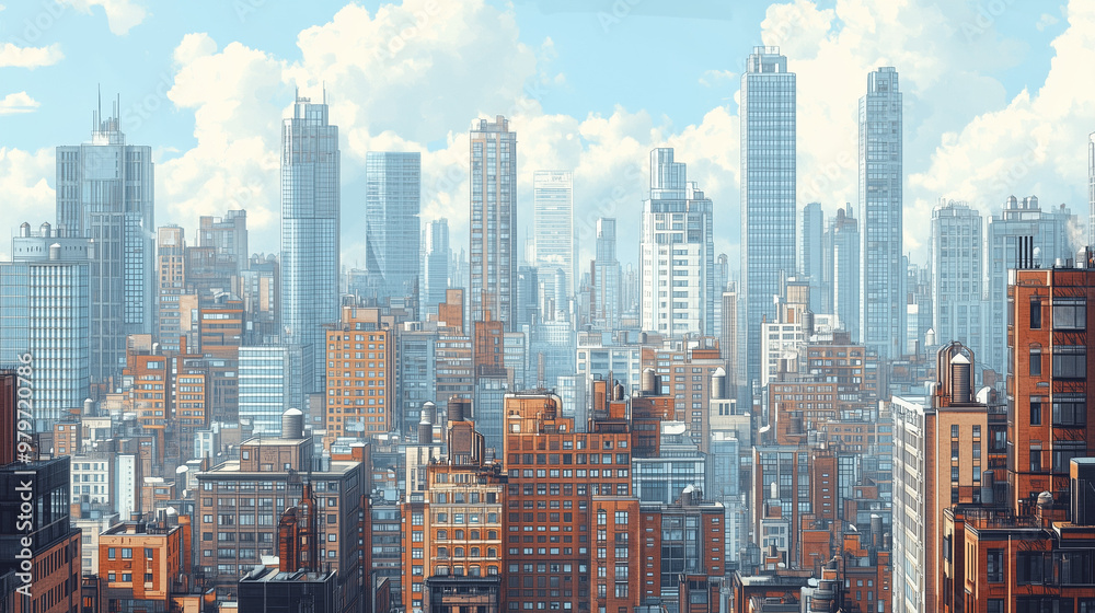 Obraz premium A serene evening scene where the tallest buildings glow in soft, orange light, while shorter ones are cast in deeper shadows. The calm atmosphere hints at the city's transition into night.
