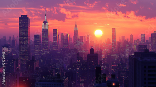 A serene evening scene where the tallest buildings glow in soft, orange light, while shorter ones are cast in deeper shadows. The calm atmosphere hints at the city's transition into night.