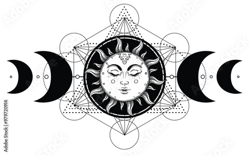 Metatron Cube. Moon pagan Wicca moon goddess symbol. Three-faced Goddess, Maiden, Mother, Crone isolated vector illustration. Tattoo, astrology, alchemy, boho and magic symbol. Coloring book.